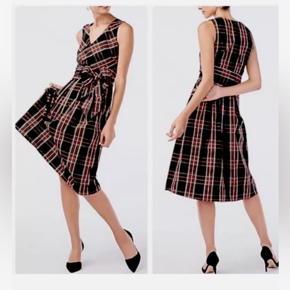 J. Crew Plaid Tartan Wrap Dress Bow Detail Black and Red size 8